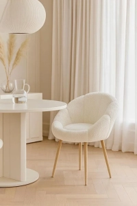 Papatya Kırık Beyaz Peluş Kumaş Yemek Masası Sandalyesi, Makyaj Masası Sandalyesi